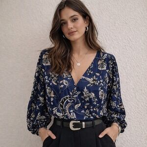 White House Black Market Blue Floral Plunge Neck Blouson Sleeve Blouse Size 10